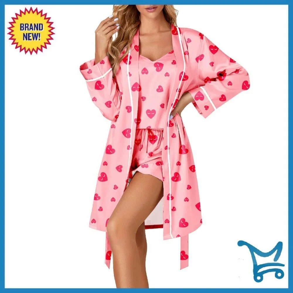 Satin Pajama Set with Robe - 3pc Sleepwear - Sizes XS-XXL